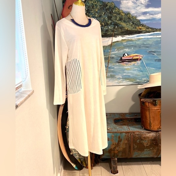 Anthro’s Neslay,Avant-Guard, Natural White/Navy Pinstriped Dress Pockets,Size L - Picture 8 of 10